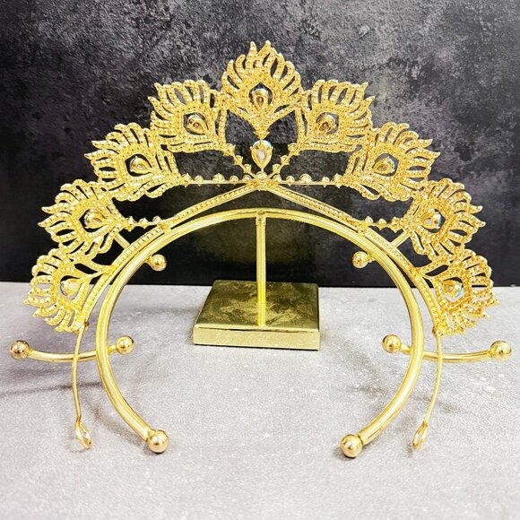 Gold Crystal Crown, Peacock Crown, Blue Crystal Tiara, Homecoming Prom Headpiece - Picture 7 of 8